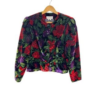 Vintage Dividends Floral Velvet Jacket Blazer Retro Boho Artsy Button Up Cropped